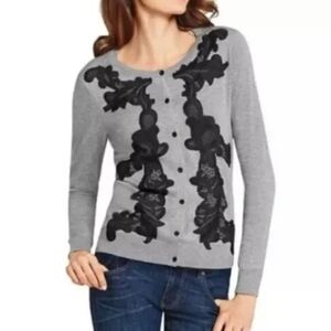 CAbi Gray Fitted Button Up Sweater w/ Black Lace Applique Sz Women's Small